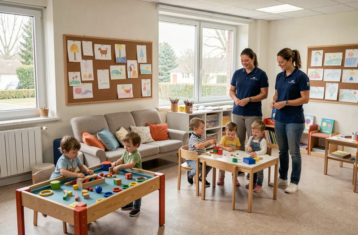 Accueil collectif en Loire-Atlantique avec plusieurs enfants aux activités et éducatrices en polo professionnel dans une salle spacieuse