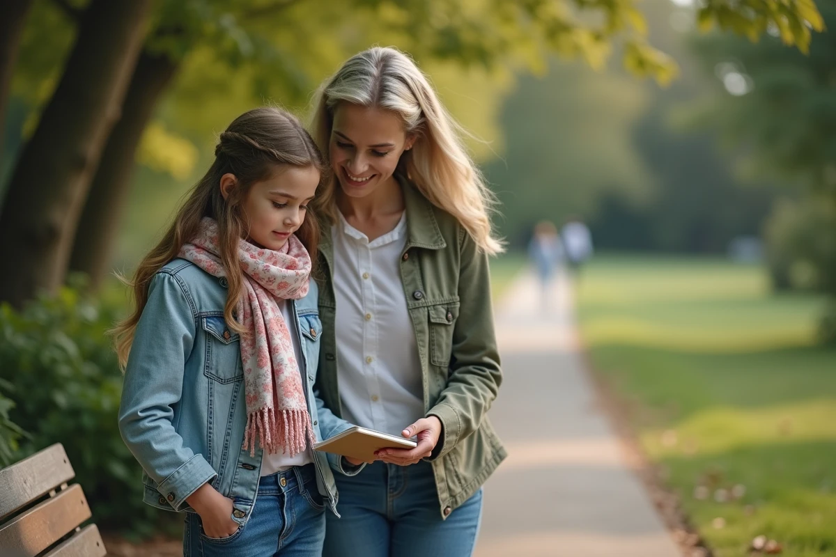 Adolescente et marraine dans un parc avec carnet et nature