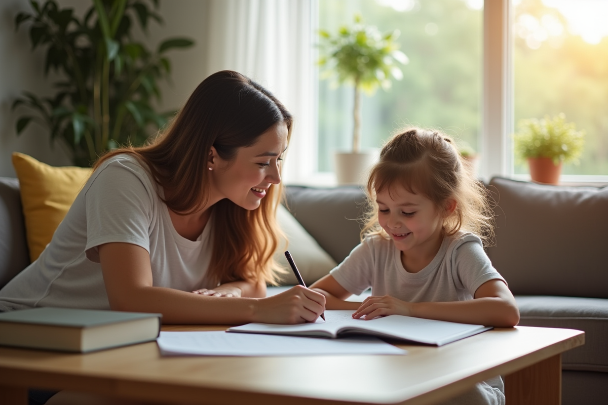 Assistante éducative aidant un enfant à faire ses devoirs