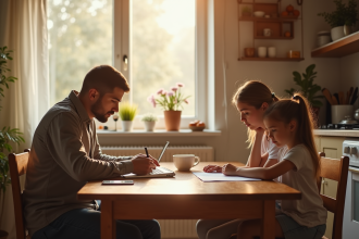 Assistante sociale parlant avec une mère inquiète et son enfant dans une maison lumineuse