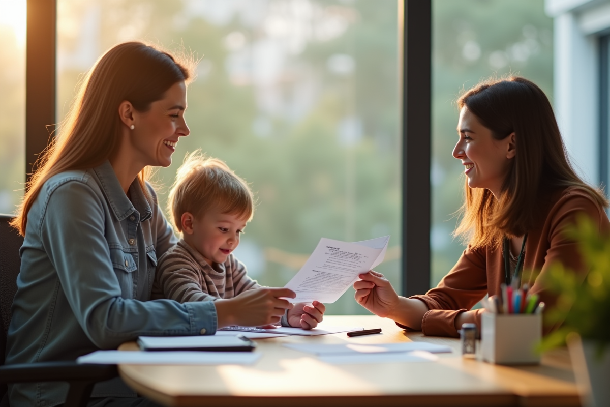 Travailleur social remettant une lettre de soutien à un parent