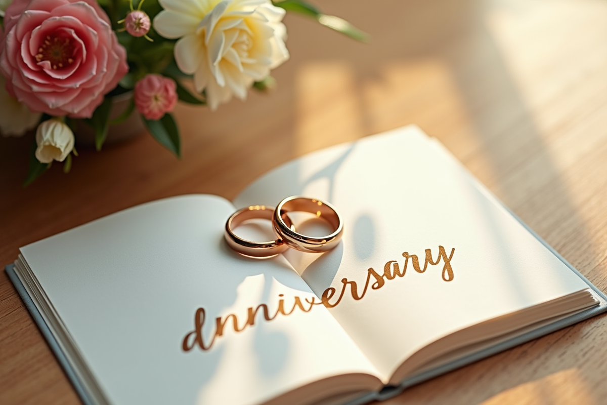 Alliances sur carte d anniversaire avec fleurs