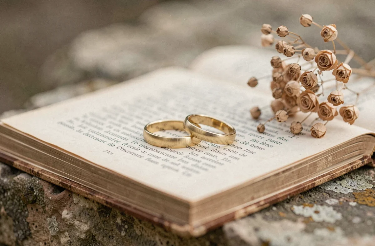 Détail symbolique de deux alliances dorées posées sur un livre vintage en français évoquant le mariage et la vie familiale