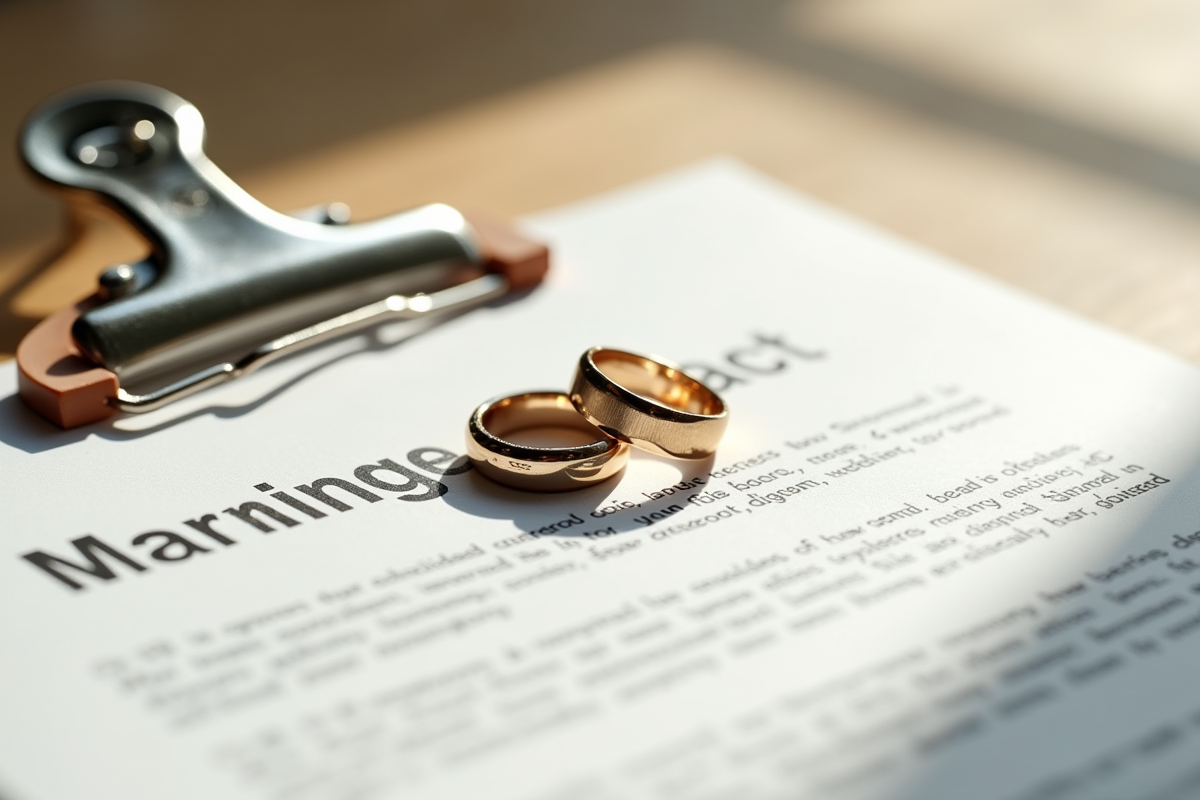 Alliances posées sur un contrat de mariage avec lumière naturelle