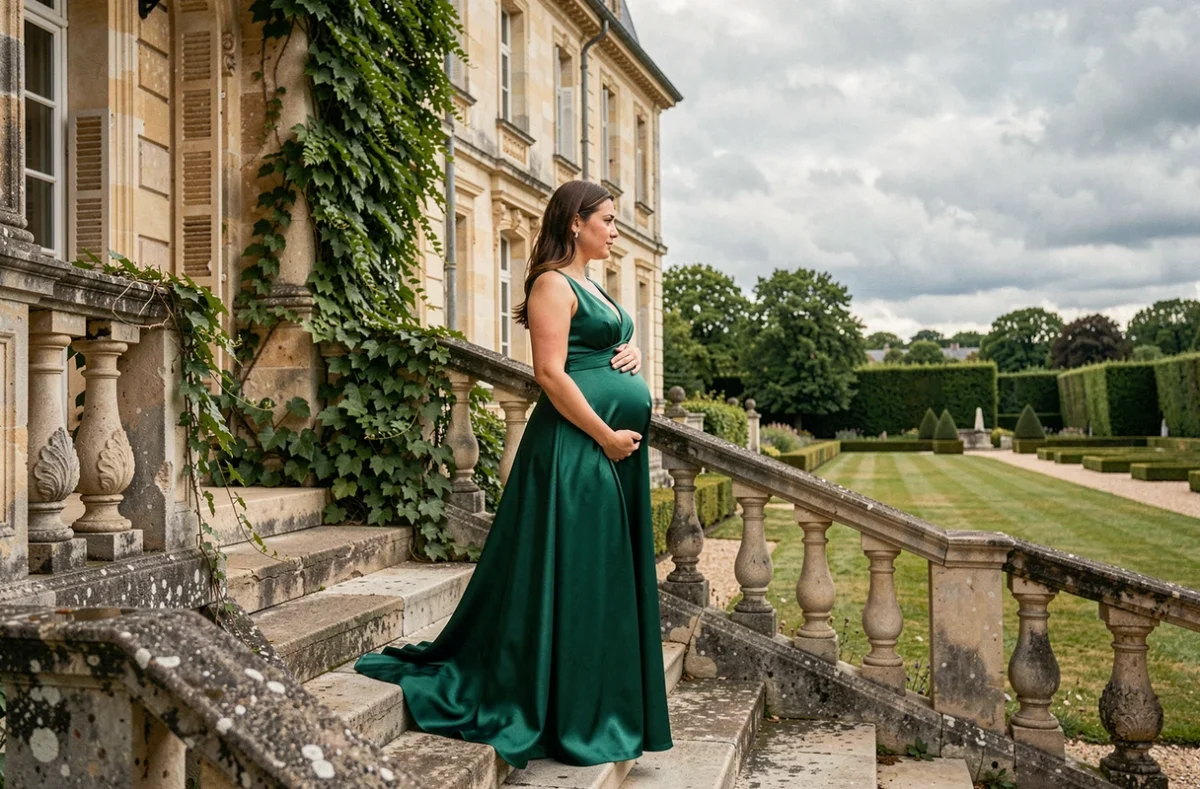 Amélie Soubrie - séance grossesse élégante dans un château en Île-de-France avec robe en satin vert