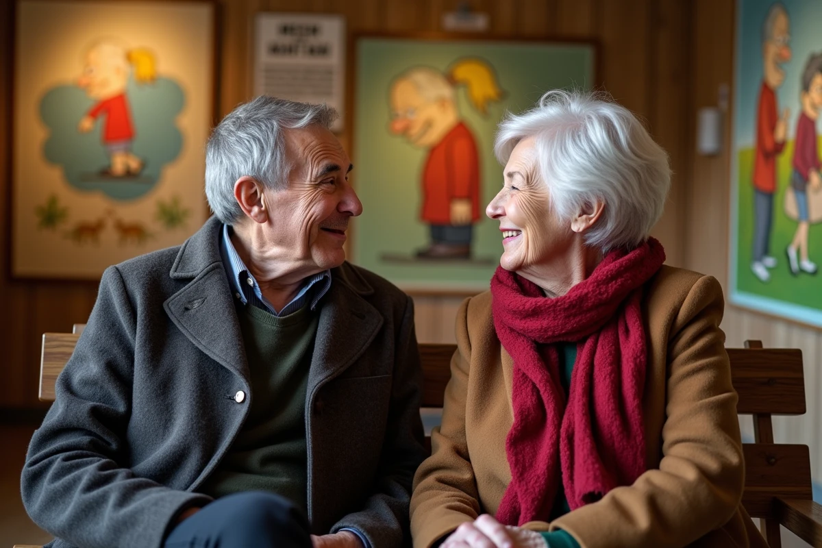 Amis âgés discutant dans une exposition au parc des Schtroumpfs