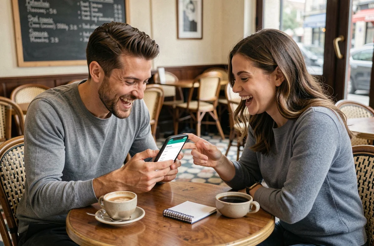 Deux amis jouant à un jeu de prénoms de bébé sur smartphone dans un café parisien