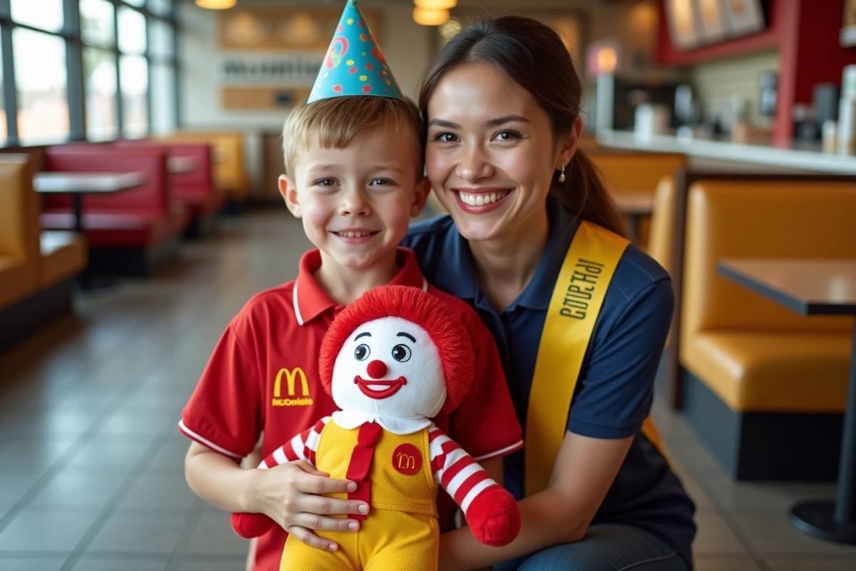 Employée McDonald's souriante aux côtés d'un enfant portant une couronne d'anniversaire et tenant un jouet Ronald McDonald