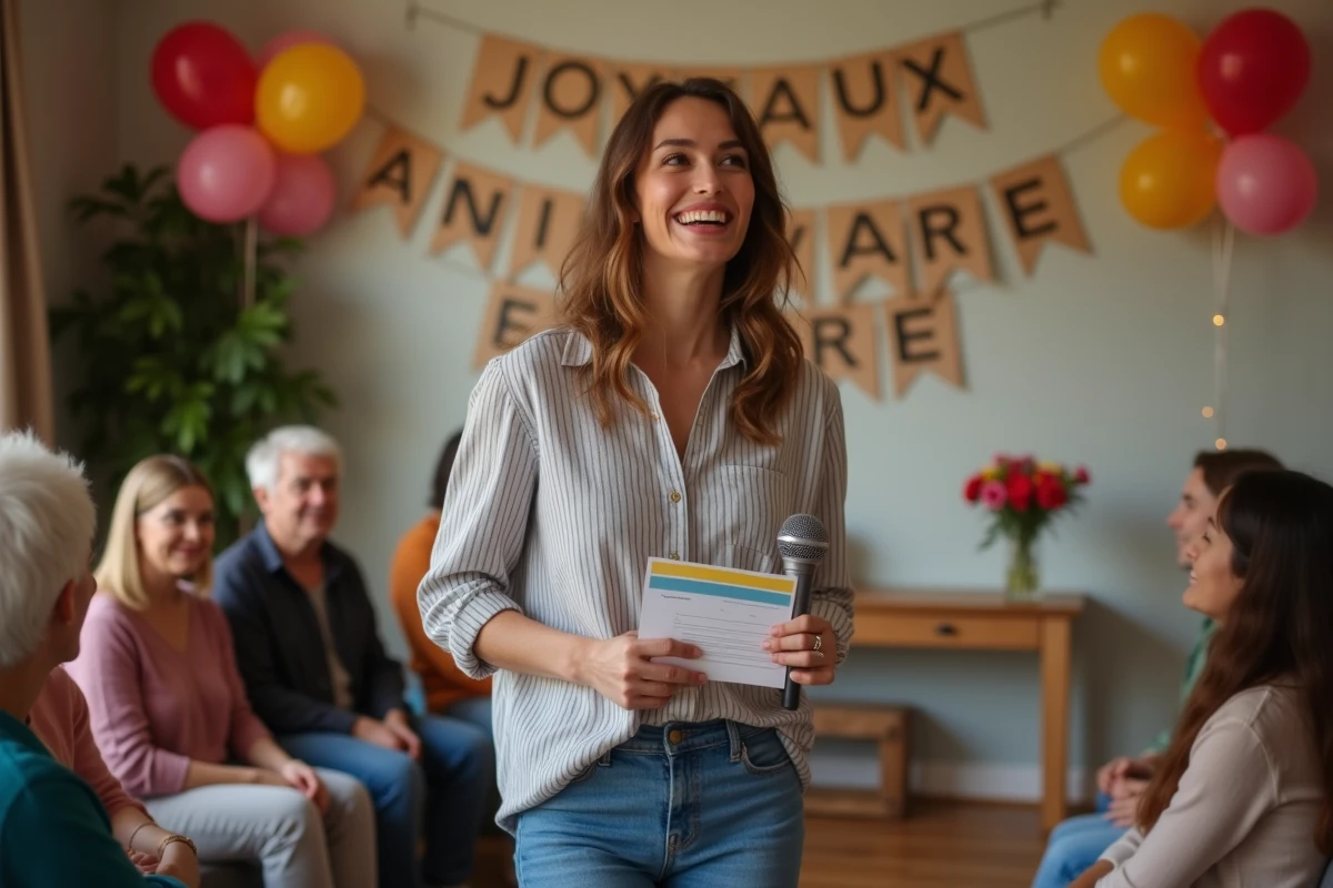 Animatrice tenant un micro lors d'un jeu d'anniversaire en intérieur avec des invités de tous âges assis en demi-cercle