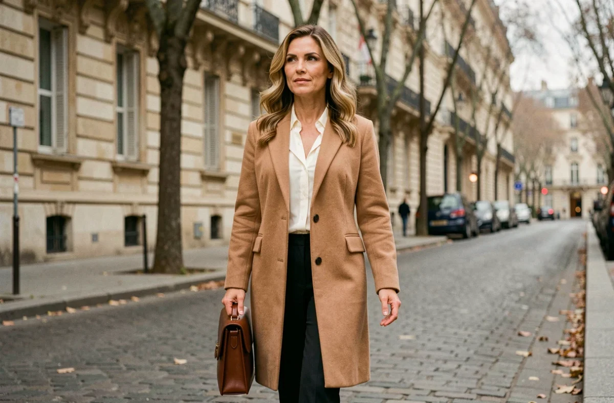 Économiste française marchant sur un boulevard haussmannien à Paris avec une mallette en cuir, ambiance automnale