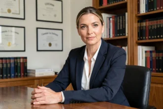 Économiste française en blazer marine assise dans un bureau parisien moderne avec des livres d'économie en arrière-plan