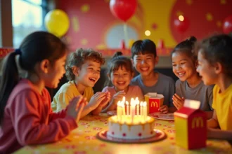 Groupe d'enfants fêtant un anniversaire McDonald's autour d'un gâteau avec des ballons et des décors festifs dans la salle de fête