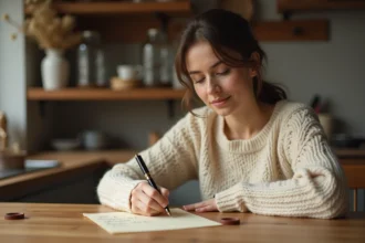Jeune femme écrivant un message secret sur papier crème pour annoncer une marraine, avec une enveloppe cachetée à la cire posée sur une table en bois