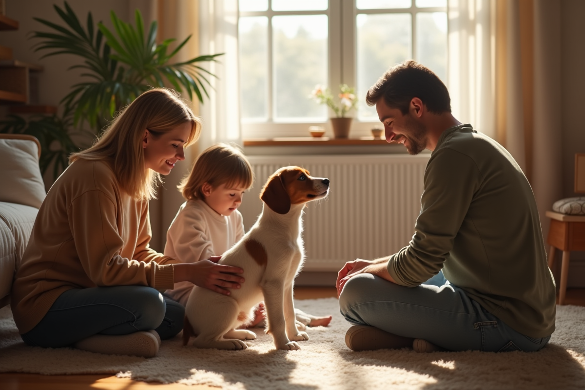 Famille enseignant un truc à leur chiot Brittany en intérieur