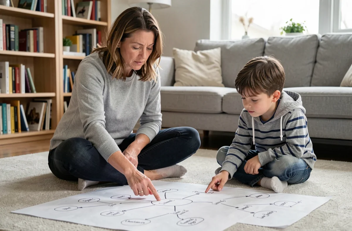 Femme et enfant explorant ensemble un arbre généalogique dessiné à la main sur le sol d'un salon, illustrant la compréhension des liens familiaux complexes
