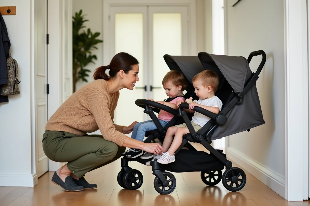 Assistante maternelle attachant le harnais d'un enfant dans une triple poussette dans le couloir d'entrée d'une maison familiale moderne
