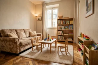 Espace d'accueil chaleureux d'une assistante maternelle dans les Pays de la Loire, avec jouets éducatifs et mobilier adapté aux enfants