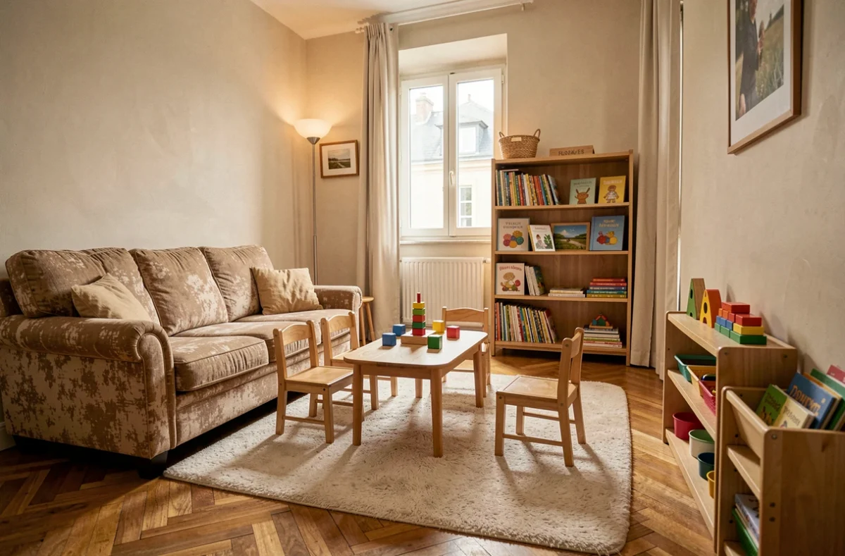 Espace d'accueil chaleureux d'une assistante maternelle dans les Pays de la Loire, avec jouets éducatifs et mobilier adapté aux enfants