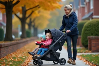 Assistante maternelle poussant une triple poussette avec trois enfants en bas âge sur un trottoir résidentiel en automne
