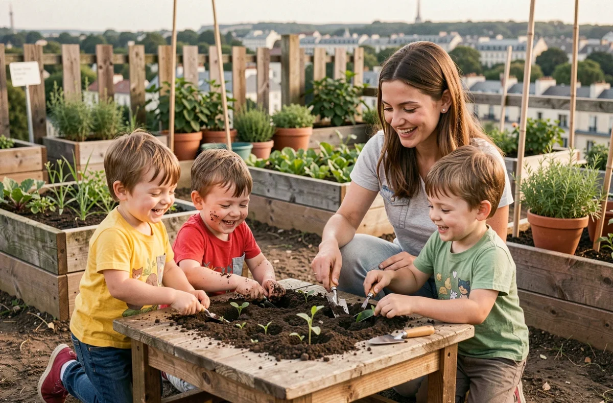 Enfants de maternelle participant à un atelier jardinage dans une ferme urbaine en Île-de-France pendant les vacances scolaires