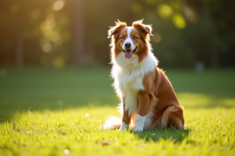 Chien Australian Shepherd rouge dans un parc ensoleille