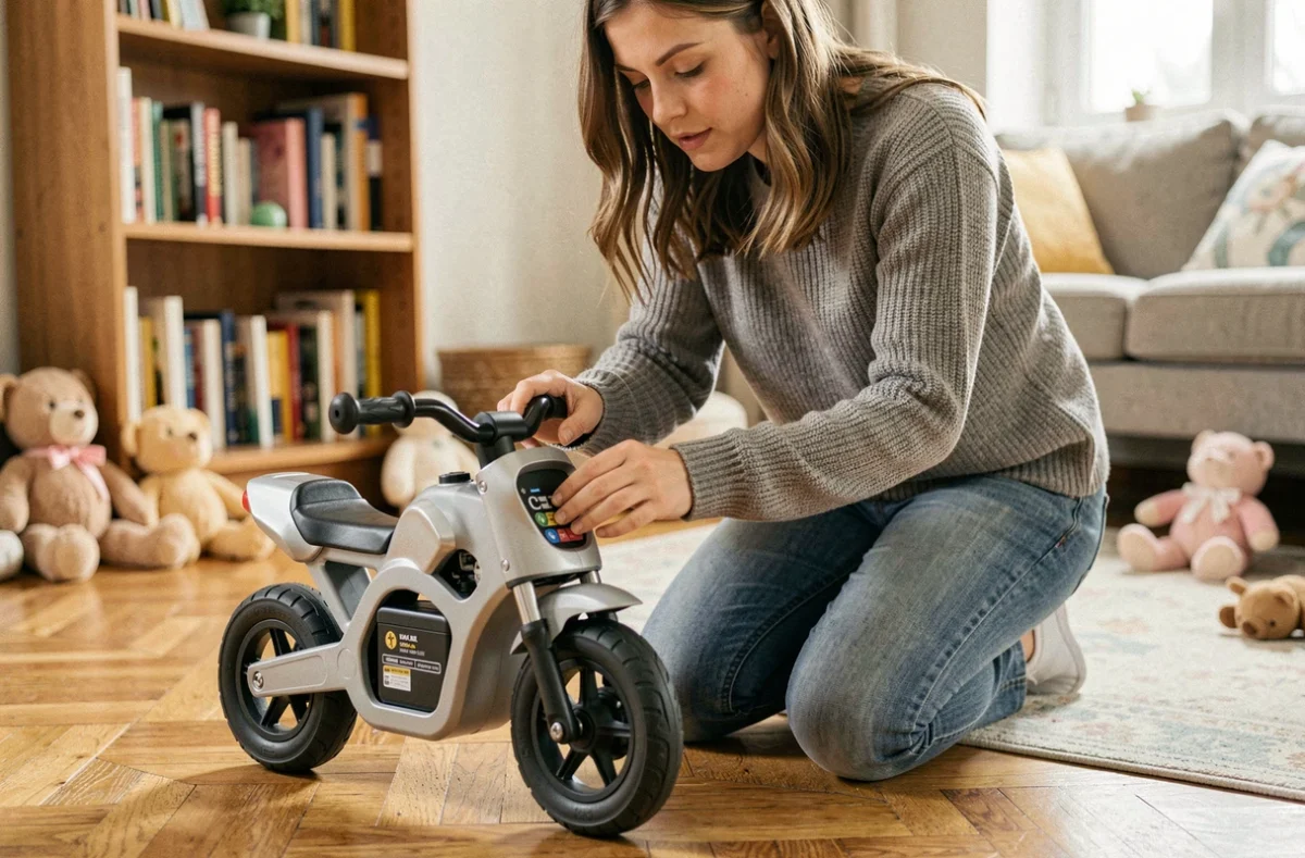 Mère vérifiant la batterie et l'autonomie d'une petite moto électrique pour enfant dans un salon familial