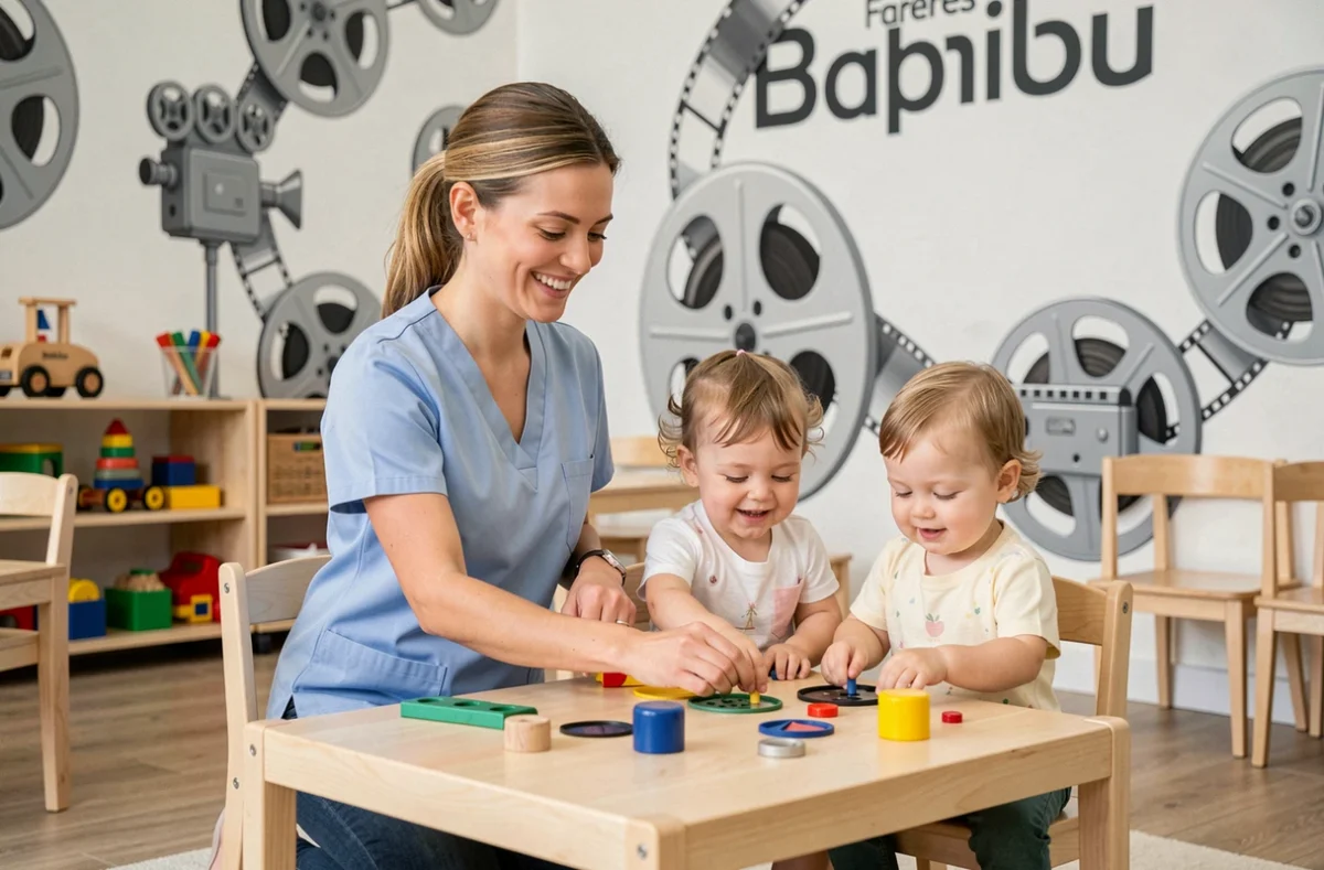 Éducatrice de la crèche Babilou Herblay Frères Lumière animant un atelier sensoriel avec des tout-petits