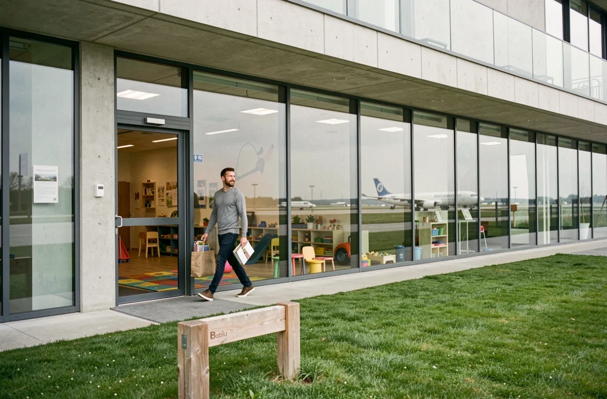 Bâtiment moderne de la crèche Babilou Roissy-en-France avec éducateur à l'entrée et silhouette d'avion en arrière-plan