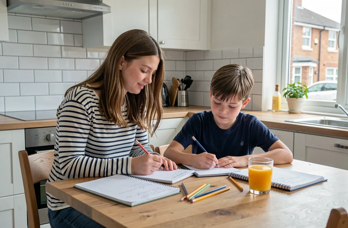 Baby-sitter adolescente aidant un enfant à faire ses devoirs à la table de cuisine