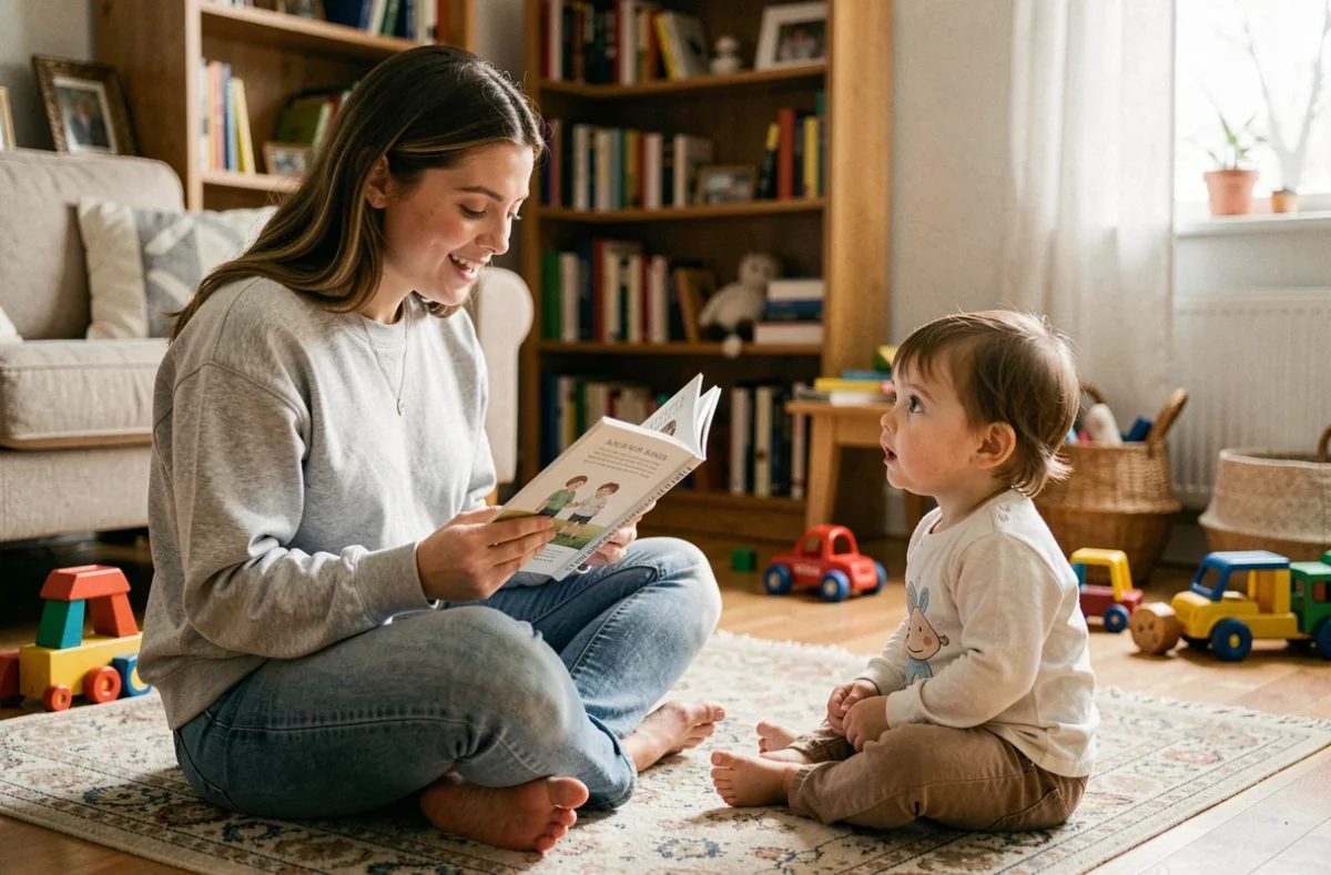 Jeune baby-sitter lisant un livre illustré à un tout-petit dans un salon familial chaleureux
