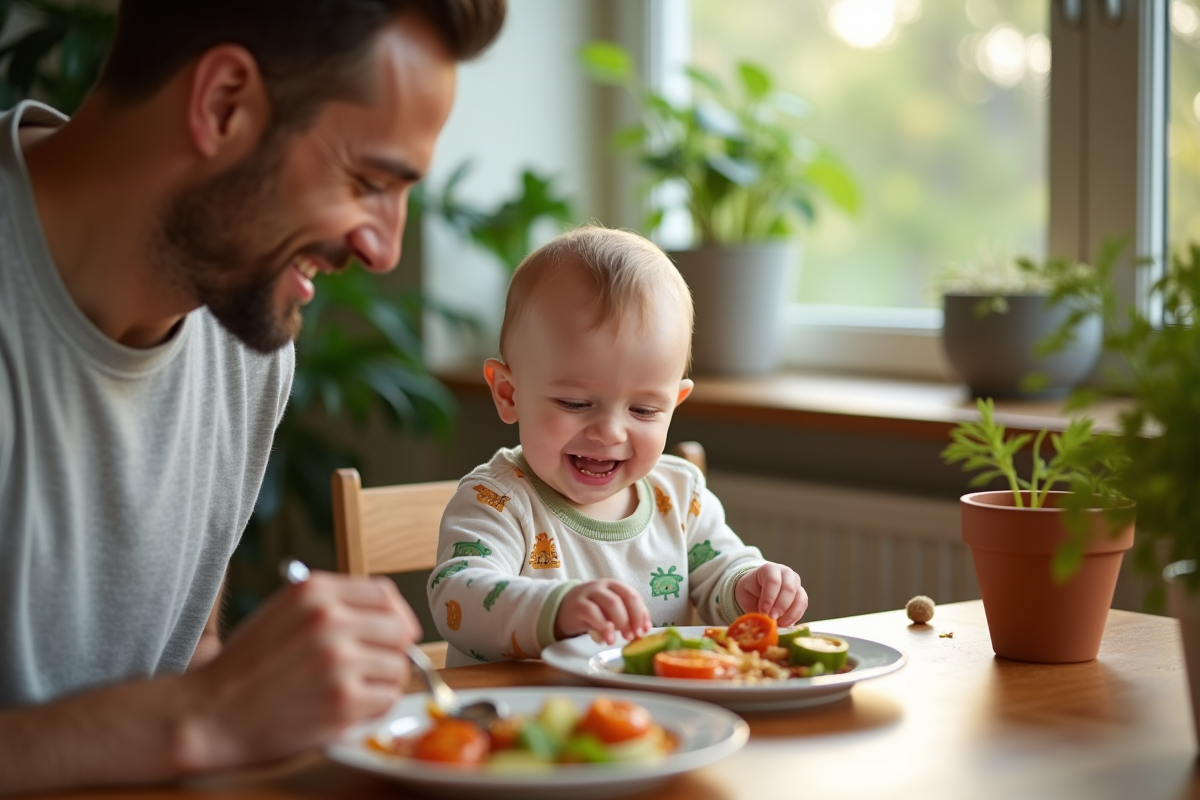Bebe garçon mangeant avec son père au repas familial en plein air