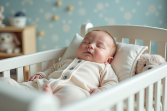 Bébé fille endormie dans un berceau en bois dans une nurserie douce