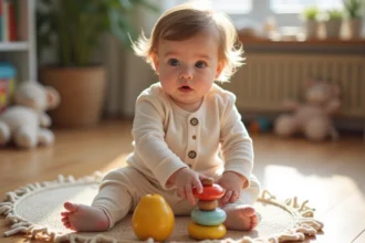 Bébé fille de 10 mois explore un jouet coloré