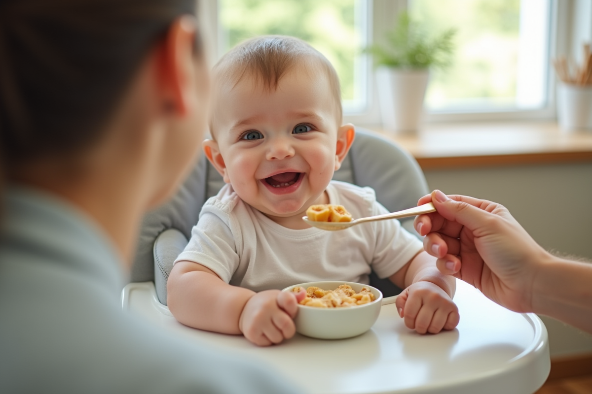 Bébé souriant dans une chaise haute mangeant de la céréale