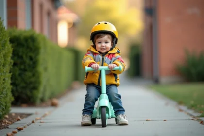 Tout-petit souriant avec casque jaune assis sur un scooter bébé électrique vert dans une allée résidentielle