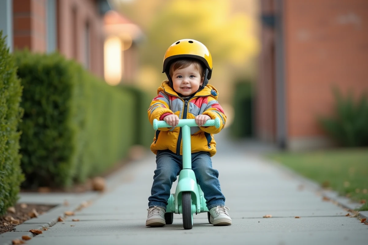 Tout-petit souriant avec casque jaune assis sur un scooter bébé électrique vert dans une allée résidentielle