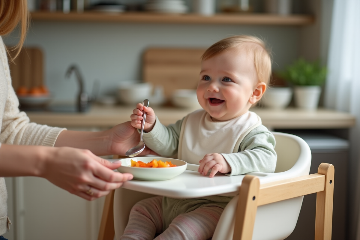 Bebe fille souriante dans sa chaise haute mangeant des légumes