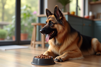 Chien berger allemand à poil long dans une cuisine moderne