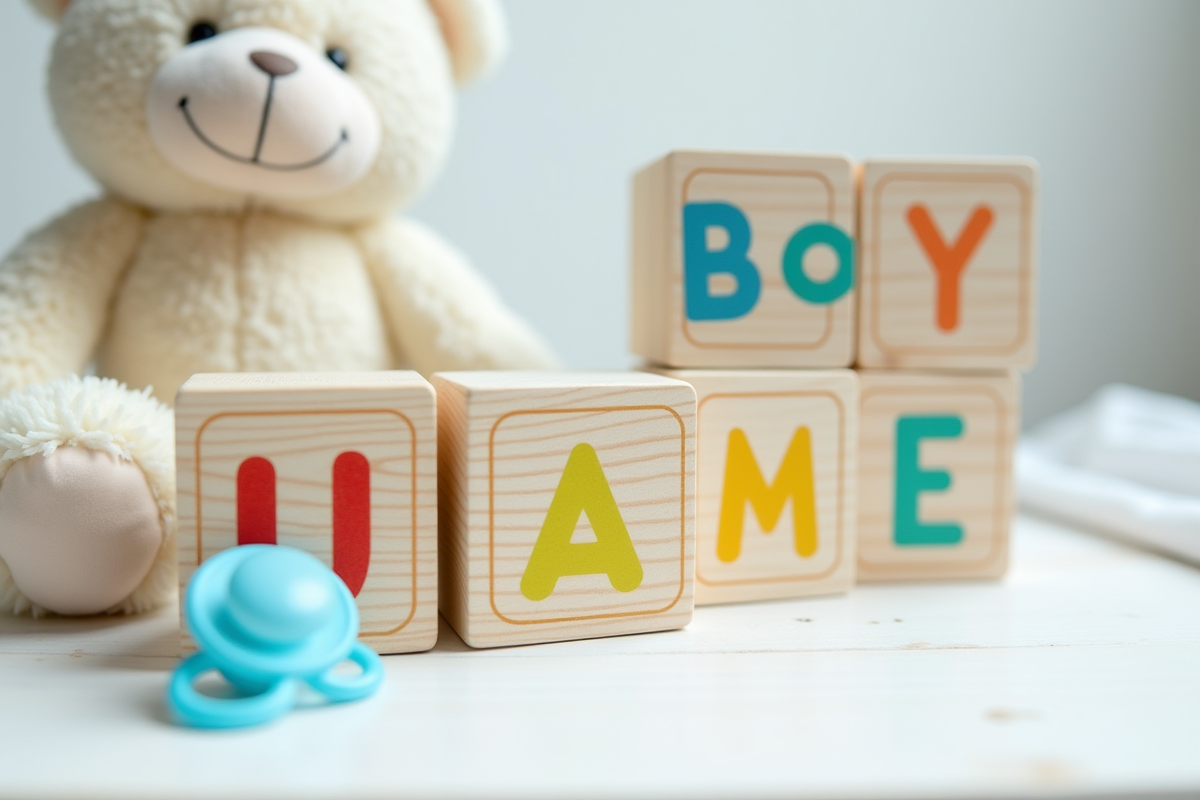 Blocs en bois colorés avec noms de bébé commençant par U sur une table blanche