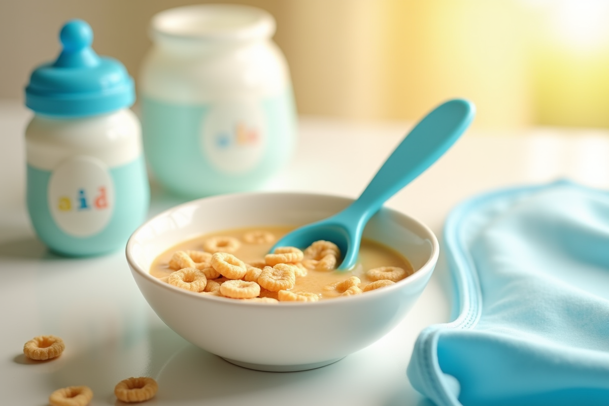Bol de céréale bébé avec cuillère bleue et accessoires de repas