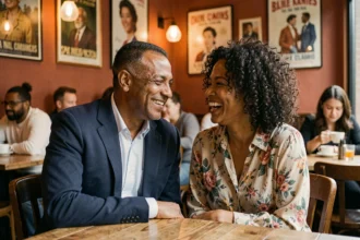 Couple franco-maghrébin complice partageant un moment de rire dans un café parisien chaleureux