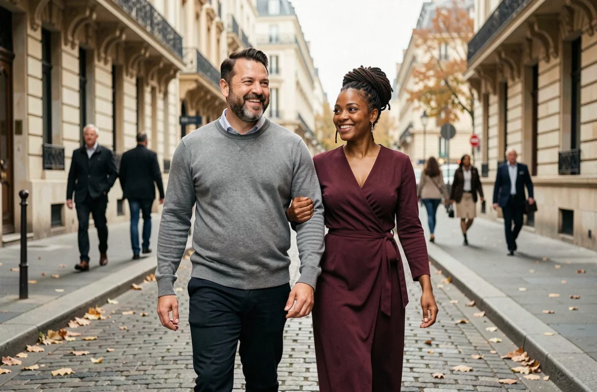 Couple complice se promenant main dans la main dans une rue parisienne en automne