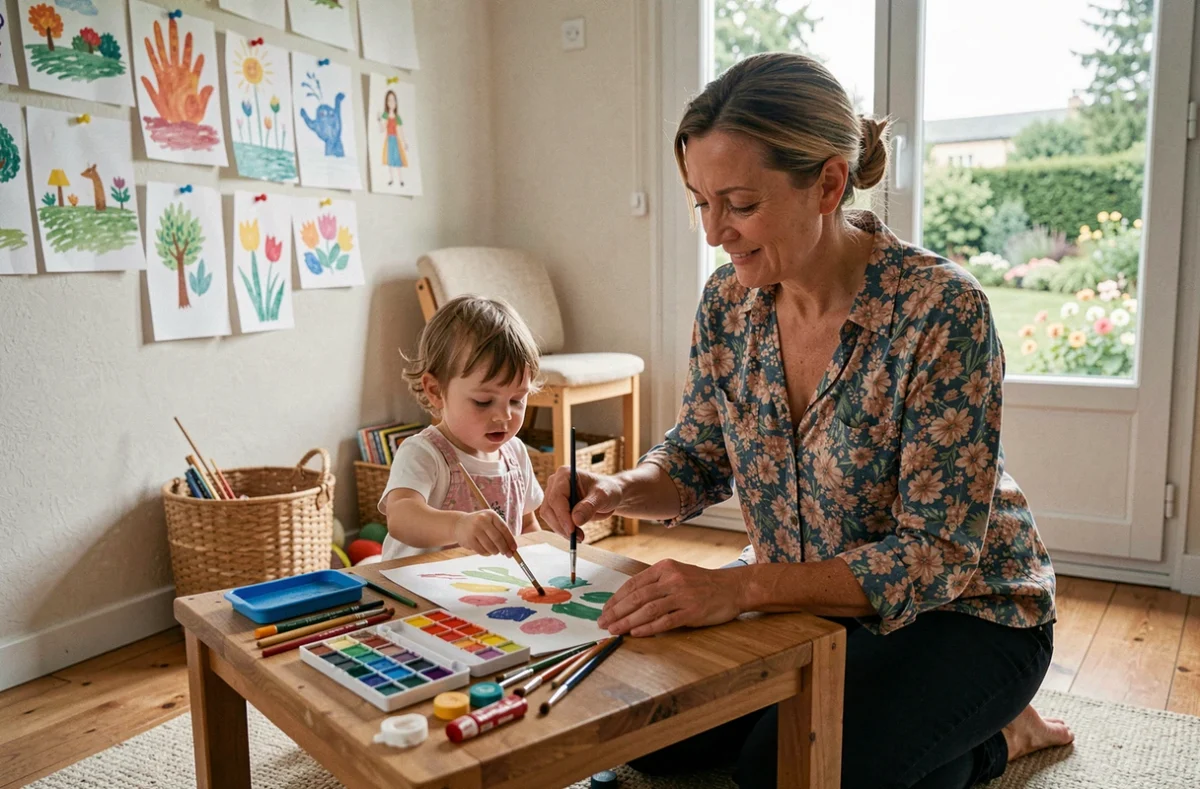 Christina Boutet, assistante maternelle à Sainte-Gemmes-sur-Loire, accompagnant un enfant dans une activité de peinture à domicile
