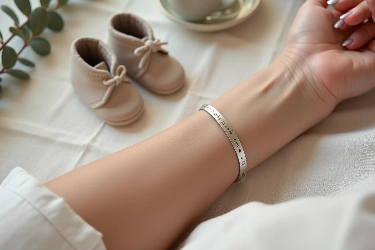 Gros plan d'un bracelet en argent gravé d'une phrase personnalisée pour naissance posé sur du lin avec de petits chaussons de bébé