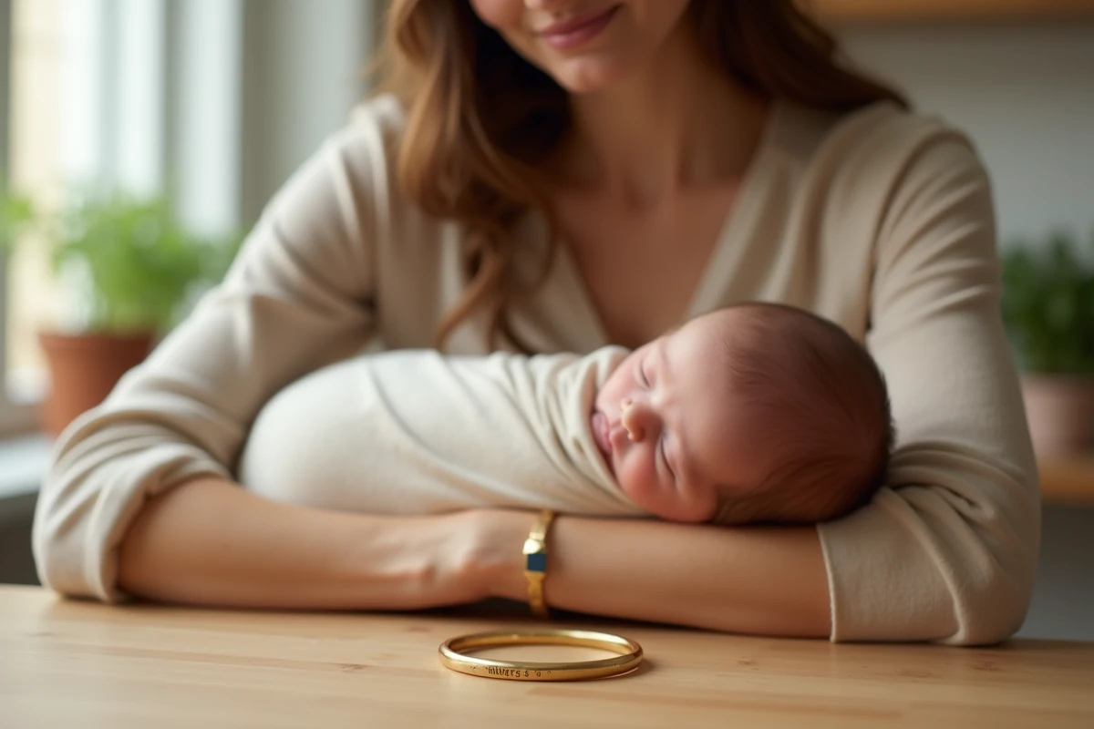 Maman tenant son nouveau-né dans les bras avec un bracelet en or gravé du prénom de l'enfant et de sa date de naissance