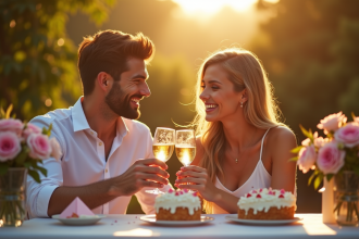 Couple souriant lors d'un brunch en plein air avec gâteau et fleurs