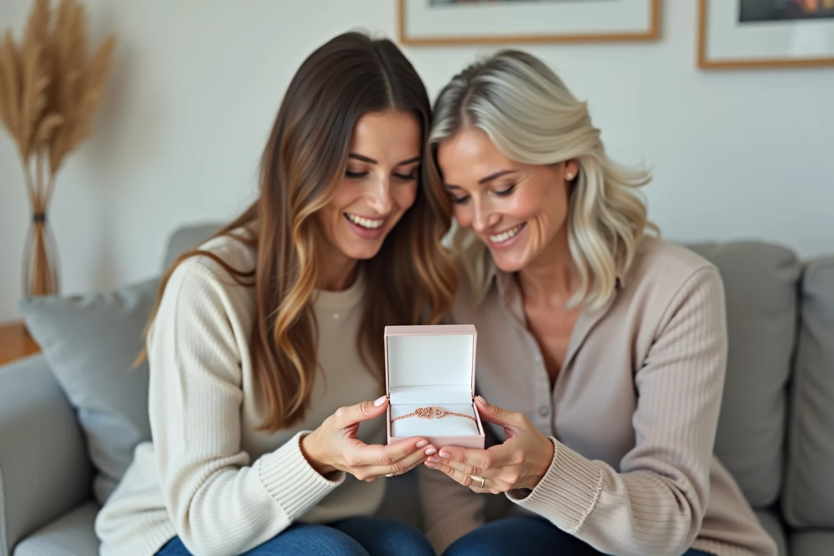 Deux femmes assises sur un canapé découvrant un bracelet en or rose gravé offert en cadeau pour une naissance