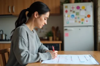 Mère organisant un calendrier 2026 de garde alternée sur papier à la table de cuisine familiale