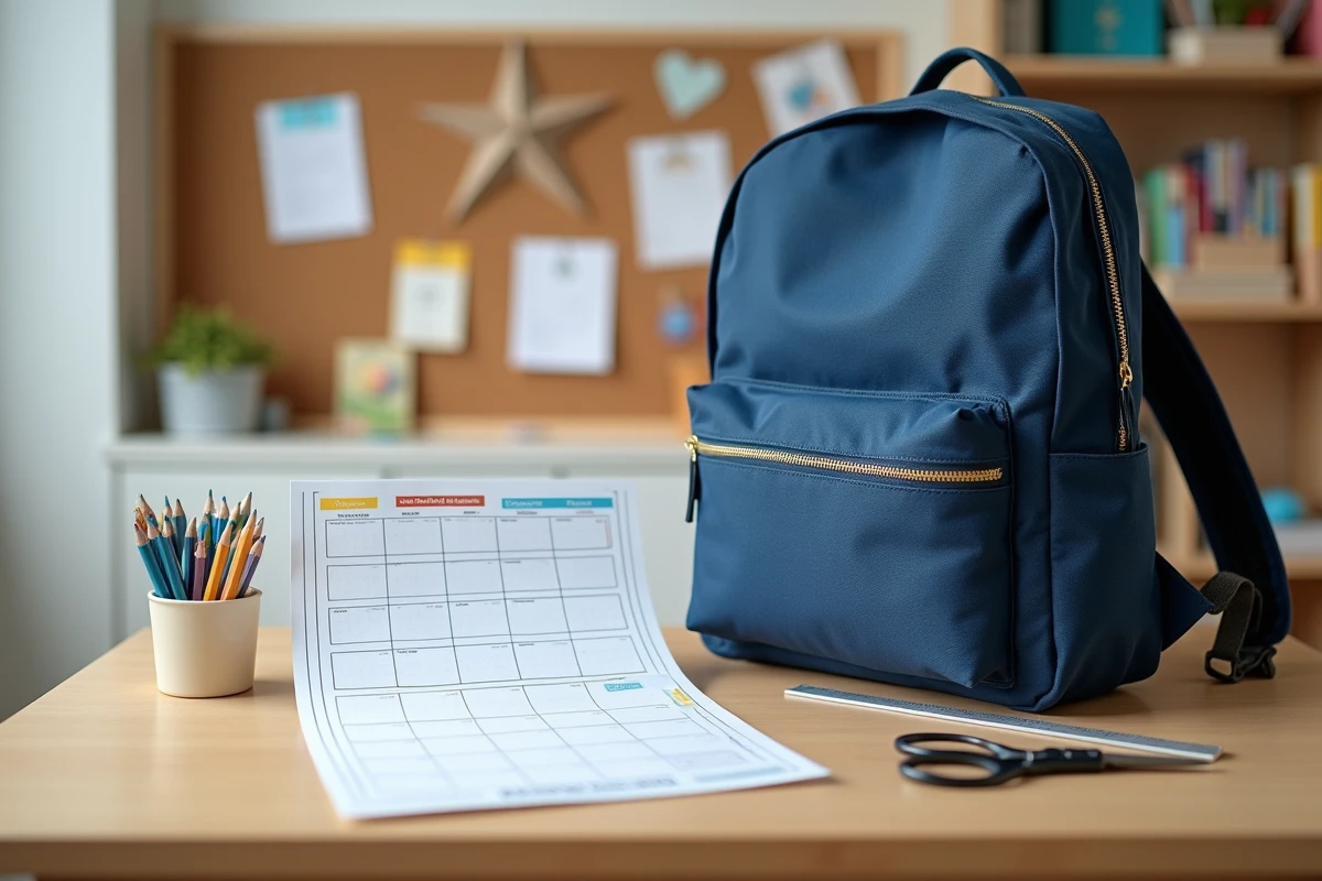 Sac d'école et calendrier imprimé des semaines scolaires paires impaires sur un bureau d'enfant