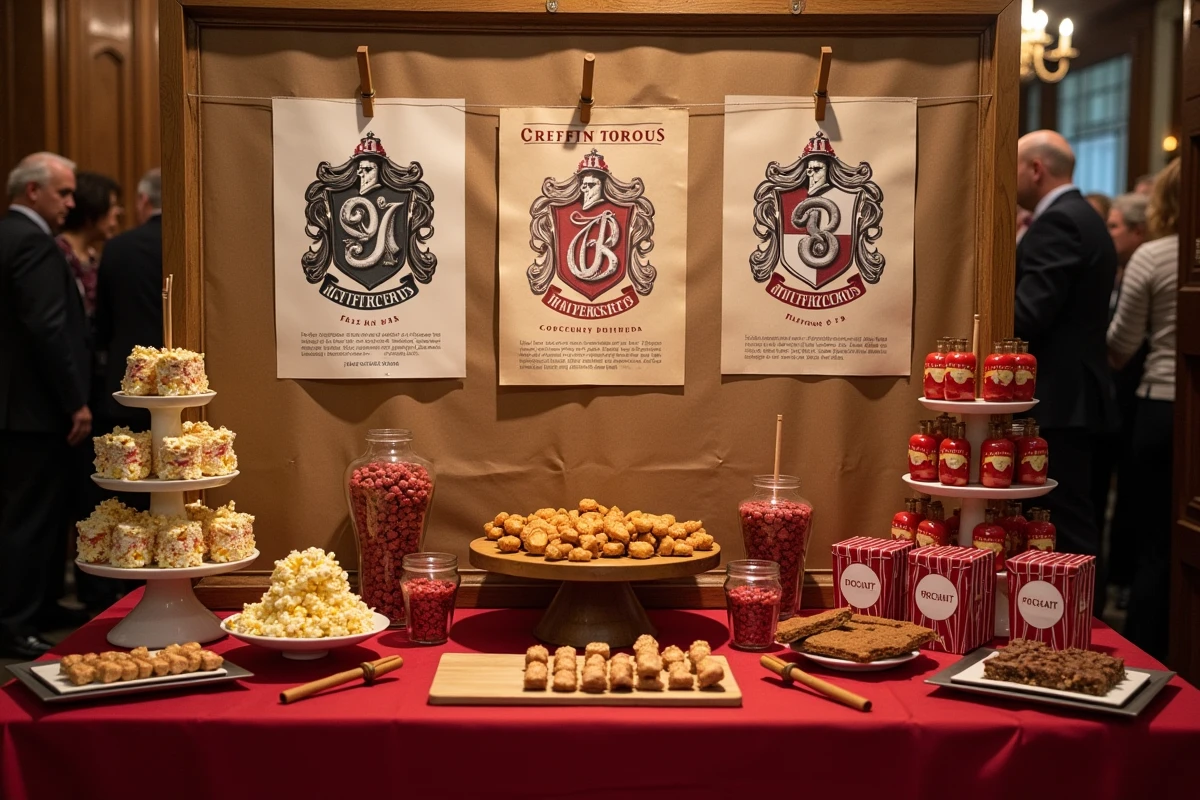 Candy bar anniversaire Harry Potter avec affiches imprimées Poudlard, étiquettes personnalisées et décoration en rouge et or
